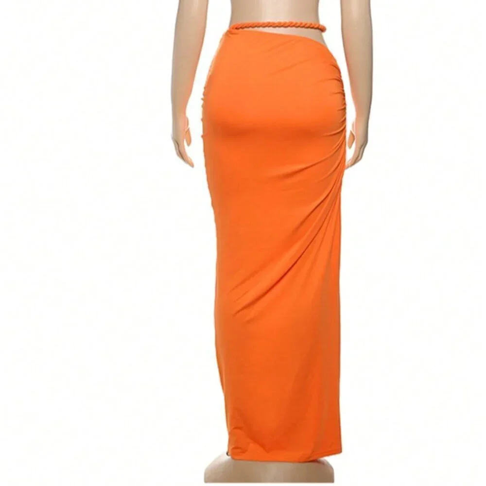 Orange Women's Sexy Backless Camisole top, Hip Hugging maxi Skirt Set
